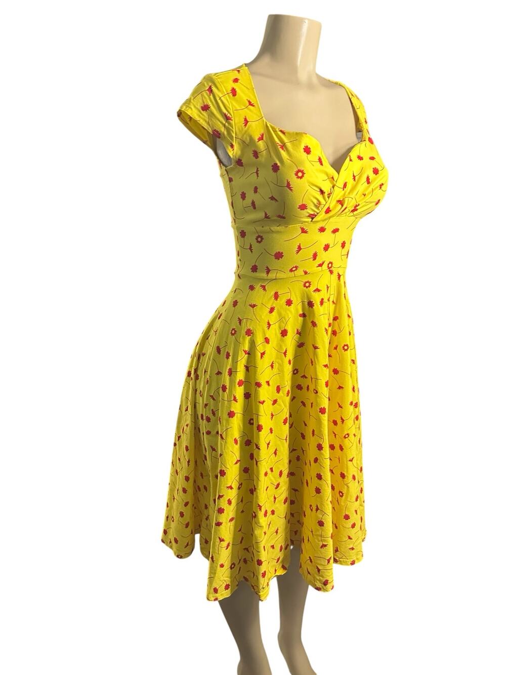 Women XS Dollz & Dames Yellow Floral Print Dress Rockabilly Retro Pinup 1950s